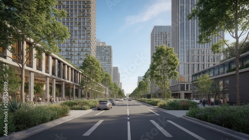 Sustainable smart city boulevard with modern buildings green trees and a car driving down the road under a blue sky with white clouds