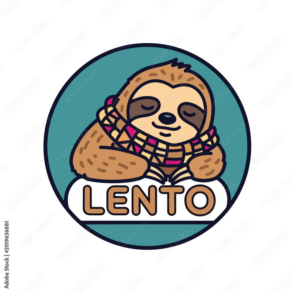 Obraz premium Cute cartoon sloth character wearing a patterned scarf with the word Lento.