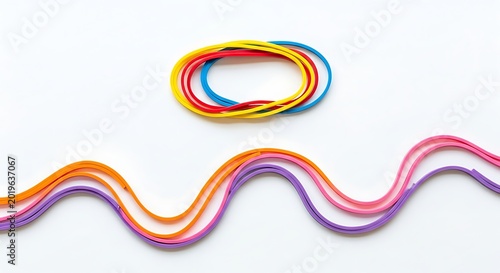 Colorful elastic hair ties and fabric bands on white background with accessories