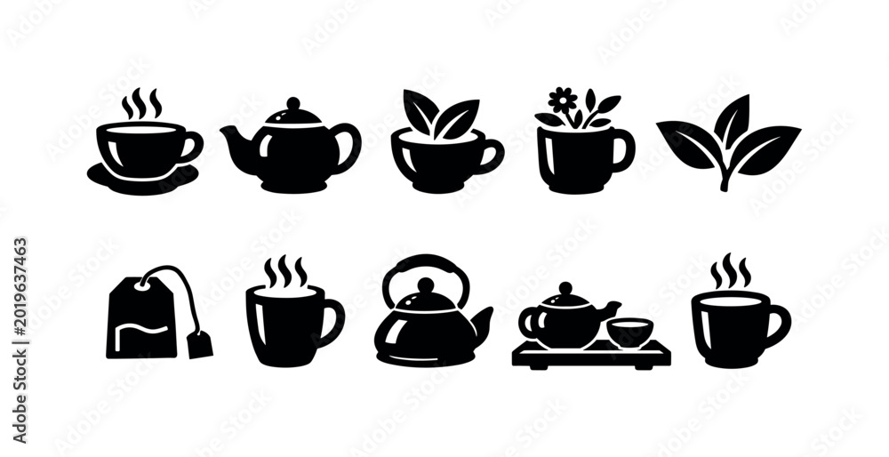Fototapeta premium Collection of black tea icons featuring teapots, cups, and tea leaves