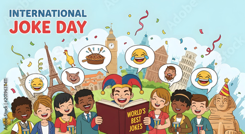 International Joke Day colorful cartoon illustration with a diverse group of people laughing at a joke book, global landmarks background, Generative AI