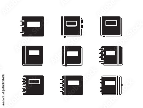 Set of nine vector notebook icons in flat minimalist style