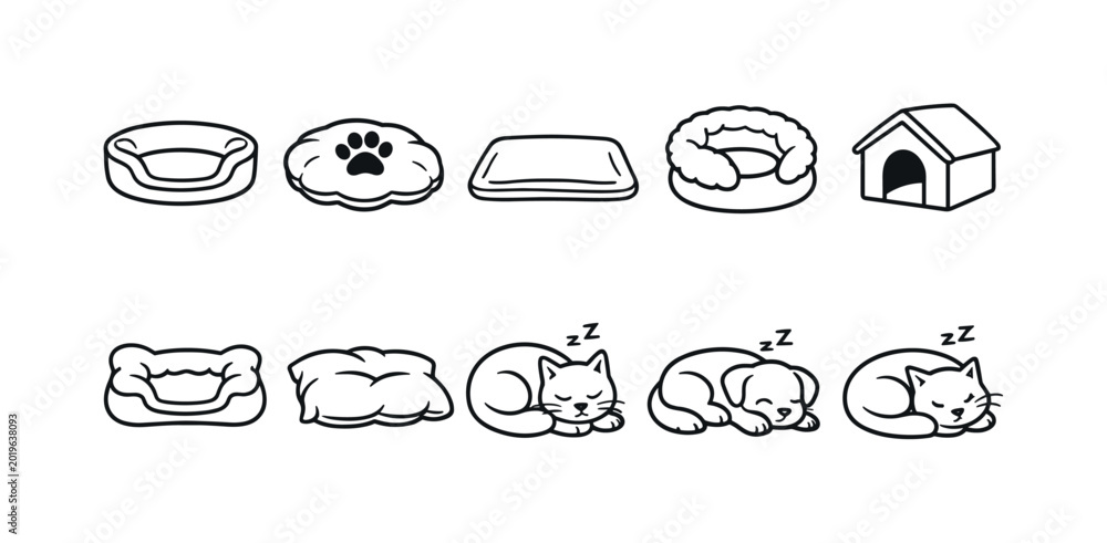 Fototapeta premium Collection of cute cartoon pet beds and sleeping animals, simple line art icons