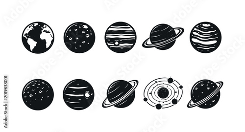 Collection of stylized planets and celestial bodies in a simple graphic style