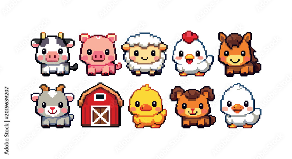 Obraz premium Cute pixel art farm animals and barn collection for children's designs