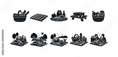 Collection of simple black and white picnic icons for outdoor leisure and food