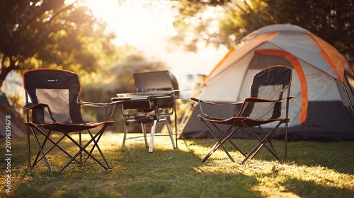 Two folding camping chairs placed near a portable grill outside a tent during a sunny day at a summer campground