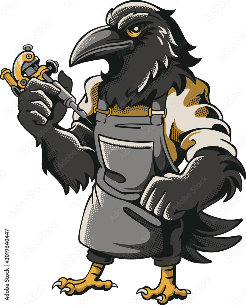 Obraz premium Full-body cartoon raven tattoo artist mascot wearing an apron and gloves, holding a tattoo machine in bold vintage studio illustration style