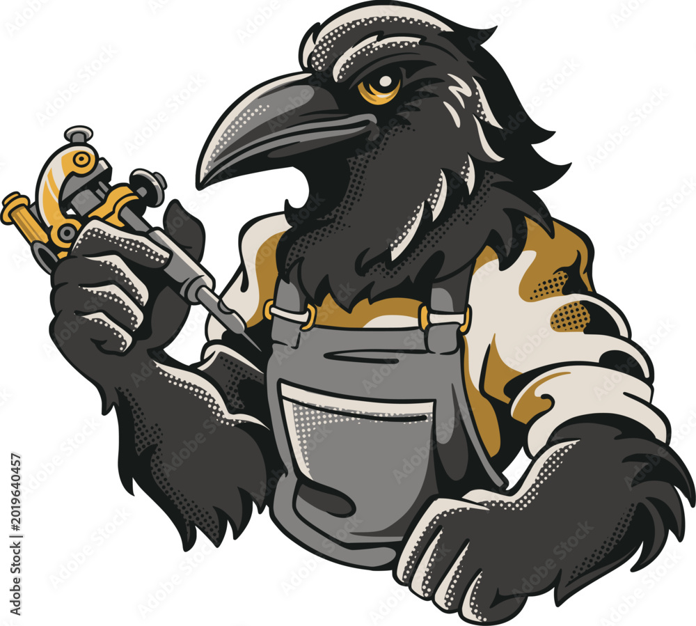 Naklejka premium Cartoon raven tattoo artist mascot shown from the waist up, wearing an apron and gloves while holding a tattoo machine in vintage studio style