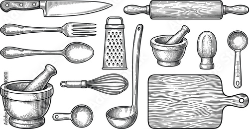 Collection of vintage kitchen utensil and cooking tool icons including knife rolling pin mortar and pestle for restaurant and culinary design