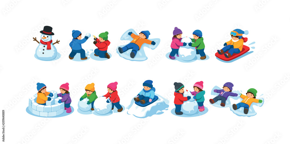 Obraz premium Children enjoying various winter activities like building snowmen and sledding