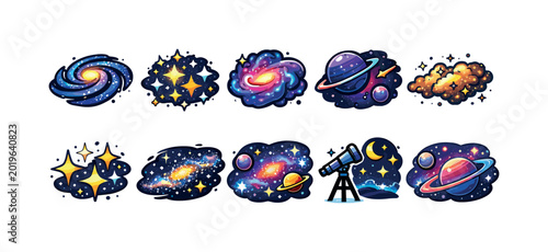 Collection of colorful cartoon space elements including galaxies, planets, and stars