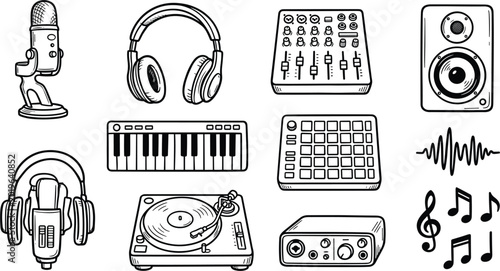 Collection of hand drawn music production and podcasting icons including microphone headphones mixer and turntable for audio recording studio design