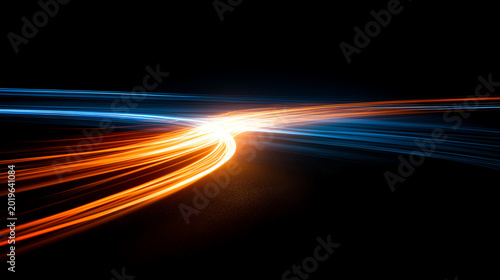Abstract glowing light streaks blue and orange speed background
