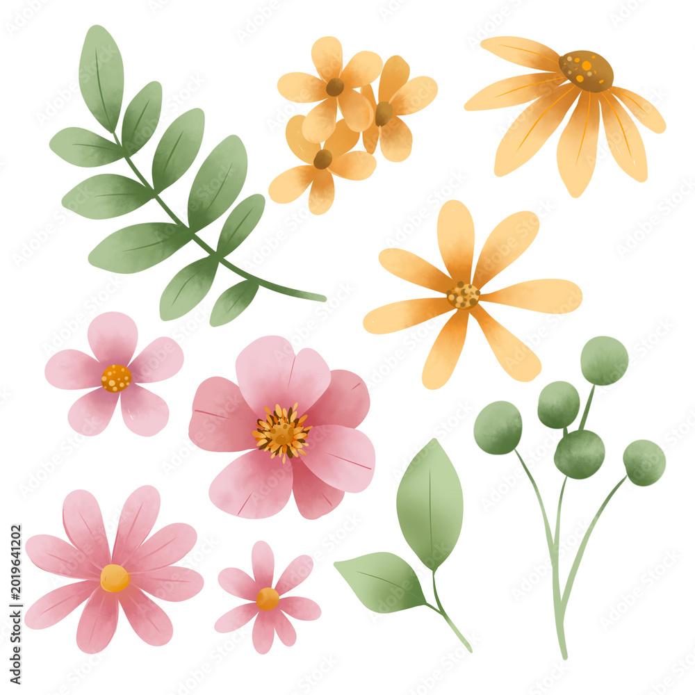 Obraz premium Flowers and leaves digital illustration, spring design, watercolor hand painting. Perfectly for printing, sublimation. 