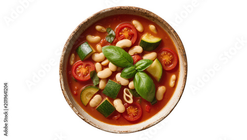 Cuadro en lienzo Hearty minestrone soup with cannellini beans zucchini tomatoes and basil, isolat