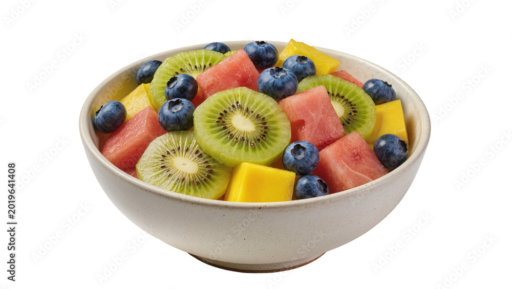 Fototapeta premium Fresh fruit salad with blueberries kiwi watermelon and mango, isolated on transparent background