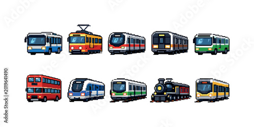 Collection of pixel art vehicles including buses, trams, and trains