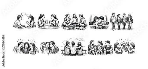 Diverse group of friends enjoying various social activities together in sketches