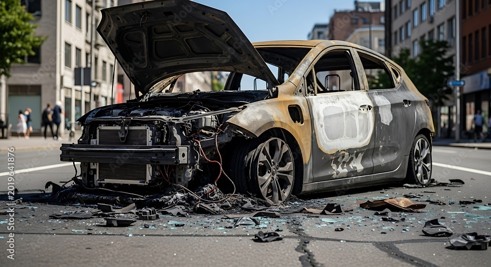 Naklejka premium Urban Devastation - Charred Car Wreckage on City Street Amidst Aftermath.