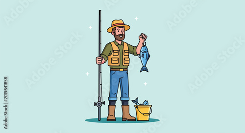 Fotografía A bearded fisherman holding a freshly caught fish and a fishing rod with a bucket of fish nearby