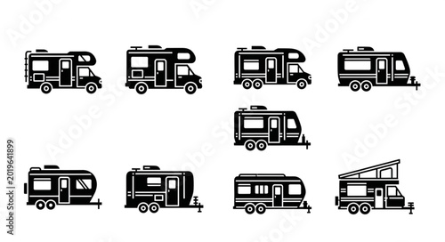 Фотография Collection of diverse recreational vehicles and campers in silhouette