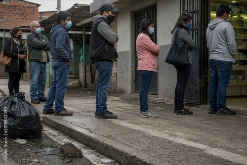 Masked people queue on a damp urban street as a rodent lurks