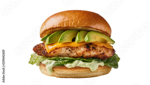 Bild auf Leinwand Juicy grilled chicken burger with melted cheese fresh avocado slices and lettuce