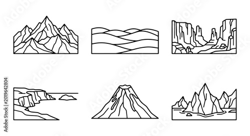 Fotografie Minimalist Vector Landscapes: Mountains, Dunes, Canyons, Coast, Volcano, Islands