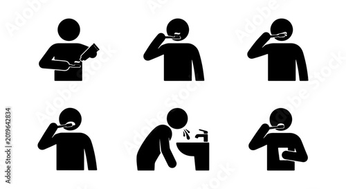 Fotografie Oral Hygiene Icons Set: Toothbrushing, Rinsing, Spitting, 6 Steps Vector Graphic