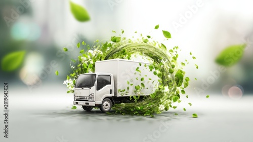 White delivery truck with swirling green leaves symbolizing eco-friendly transportation and sustainability solutions