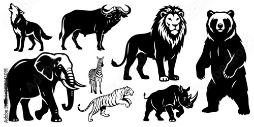 Photography Wild animals black silhouette set with lion, elephant, tiger, bear, rhino, zebra