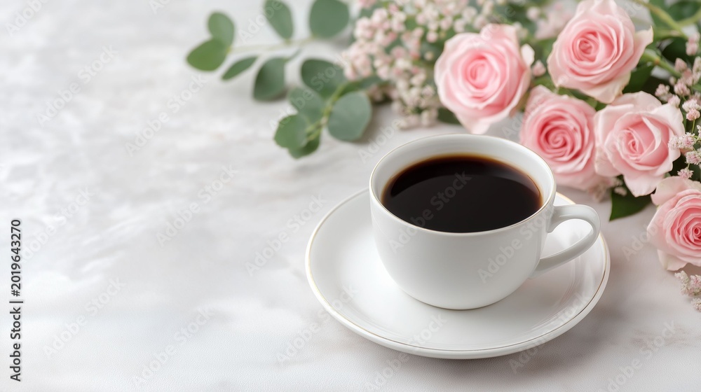 Obraz premium A delicate white cup filled with steaming coffee sits on a saucer beside a bouquet of soft pink roses and lush greenery. This scene evokes calm and elegance