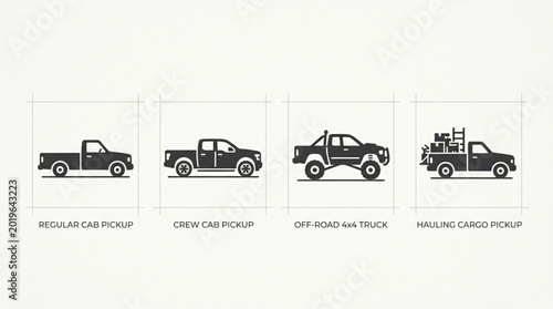 Tablou pe pânză Four different pickup trucks lined up in a row.