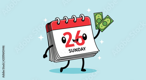 Foto Happy Calendar Character Holding Money on Sunday.
