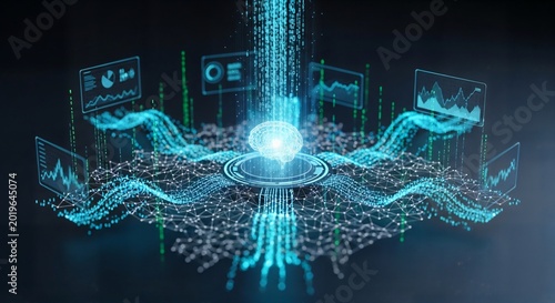 Abstract Neural Network processing data streams with glowing connections during digital transformation