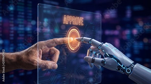 Approve Button Click: A blend of human and machine interaction, a human finger alongside a robotic arm presses the approve button on a digital interface.