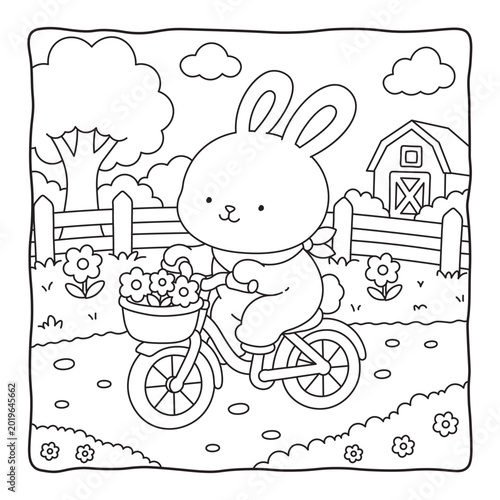 Flower Basket Bicycle Ride with Bunny | Peaceful Countryside Coloring Page