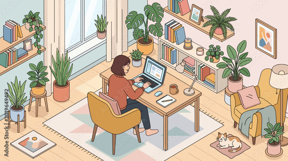 Fototapeta premium Cozy home office interior with a woman working remotely at her desk, surrounded by plants and books