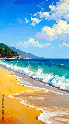 Serene beach with waves and mountains.