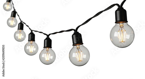 String of decorative globe light bulbs hanging on black wire with lighting