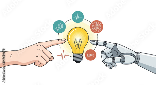 Human and robot hands interact with a glowing idea lightbulb in a conceptual illustration.