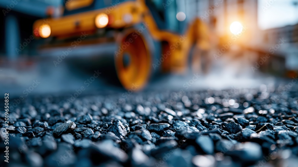 Fototapeta premium Yellow road roller paving a city street with fresh asphalt, representing urban roadwork and repair