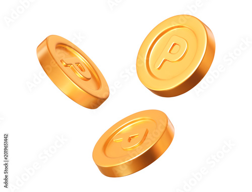 3D set golden point coins with different angles. Stock vector illustration on isolated background.	
