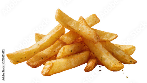 Golden crispy french fries pile with herbs, isolated on transparent background