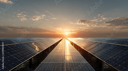 Solar panels align towards sunrise with reflection on surface at dawn