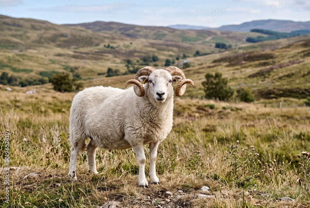 Fototapeta premium White Sheep with Curled Horns Standing in Mountainous Landscape and Rural Field