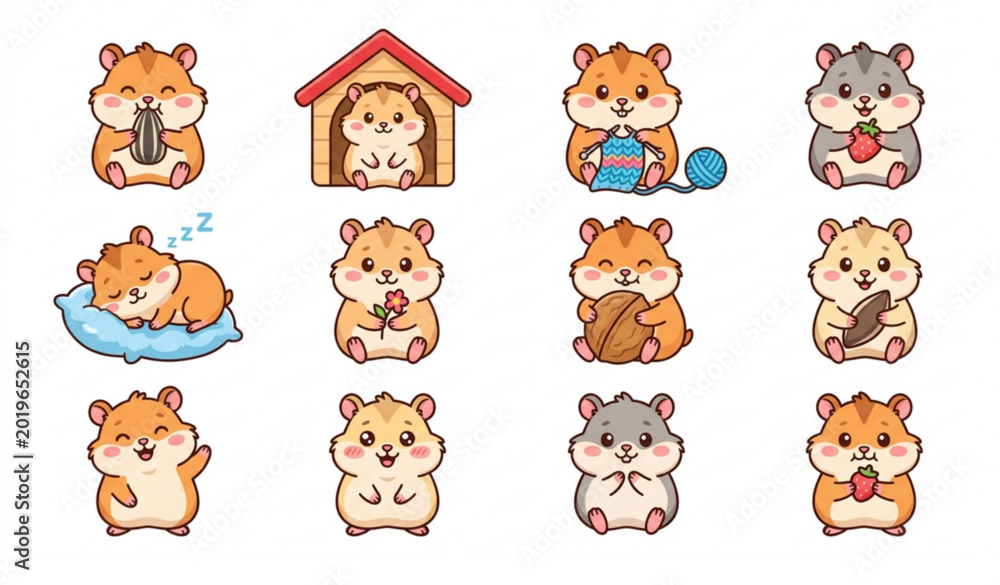 Fototapeta premium Cute Hamster Character Set Featuring Hamsters in Different Poses with Food, Toys, and Homes for Playful Illustrations