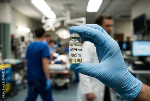 Medical professional holding antivenom vial in hospital emergency room