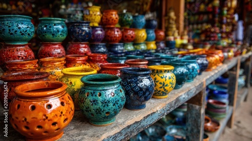 Colorful mexican ceramic pots with intricate patterns and varied textures displayed at market stall